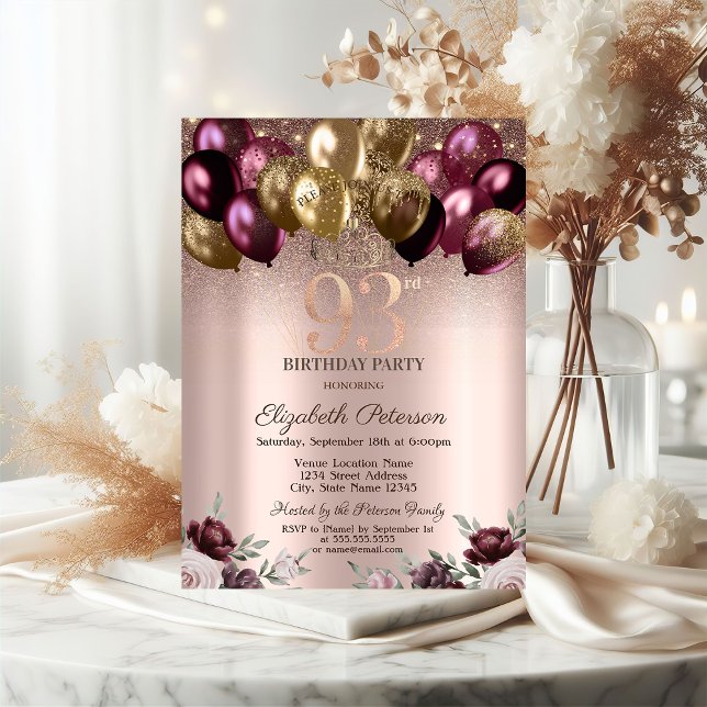  Lights,Burgundy Glitter Balloons 93rd Birthday  Invitation (Creator Uploaded)