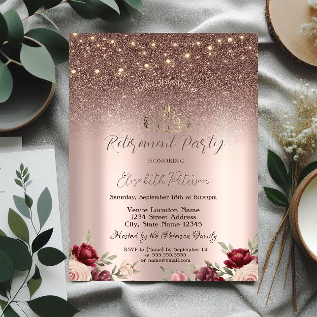  Lights,Burgundy Glitter, Rose Gold Retirement Invitation (Creator Uploaded)
