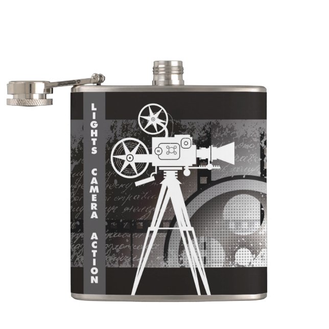 Lights, Camera, Action Flask, Movie Theme Hip Flask (Opened)