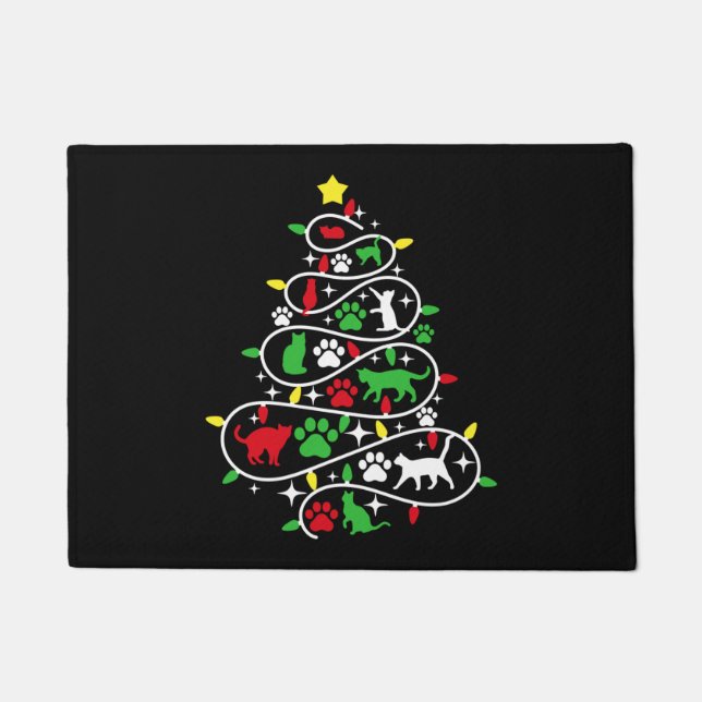 Lights Cat Paws Print Christmas Tree Holiday   Doormat (Front)