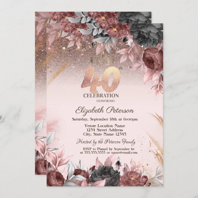  Lights,Chic Flowers Glitter 40th Birthday Invitation (Front/Back)