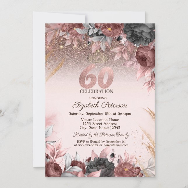 Lights,Chic Flowers Glitter 60th Birthday  Invitation (Front)
