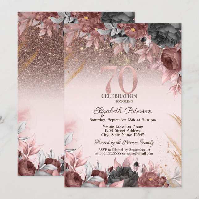  Lights,Chic Flowers Glitter 70th Birthday Invitation (Front/Back)