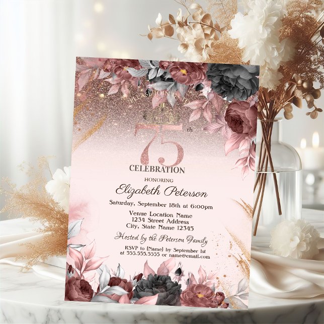 Lights,Chic Flowers Glitter 75th Birthday Invitation (Creator Uploaded)