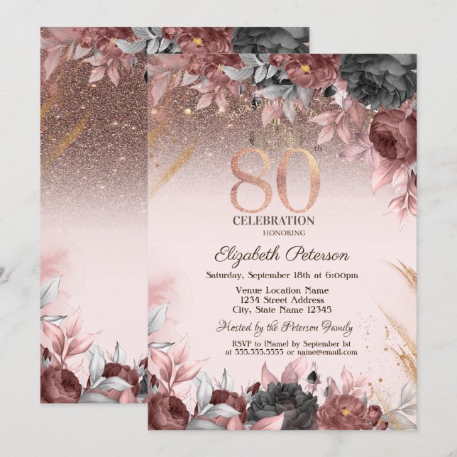  Lights,Chic Flowers Glitter 80th Birthday Invitation (Front/Back)
