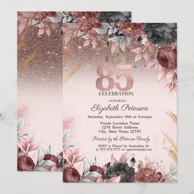  Lights,Chic Flowers Glitter 85th Birthday Invitation (Front/Back)