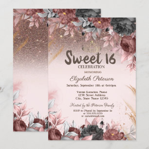  Lights,Chic Flowers Glitter Sweet 16  Invitation