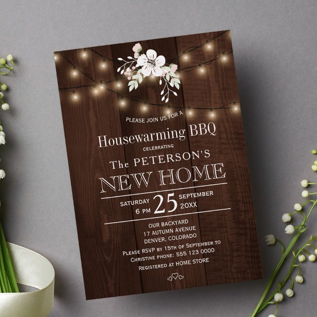 Lights floral rustic housewarming bbq invitation (Creator Uploaded)