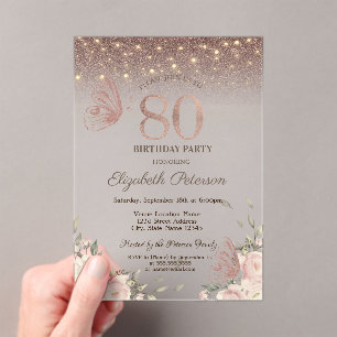 Lights,Flowers Glitter Butterflies 80th Birthday Acrylic Invitations
