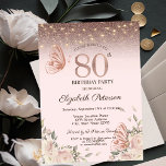 Lights,Flowers Glitter Butterflies 80th Birthday Invitation<br><div class="desc">A modern,  chic and glamourous invitation with an elegant gold tiara,  string lights,  glitter butterflies,  and pink flowers.</div>