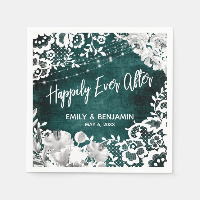 Lights Flowers Lace Rustic Teal Happily Ever After Napkin (Front)