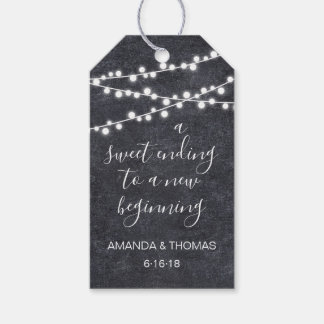 Lights garland on rustic blackboard favour hang ta gift tags