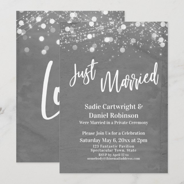 Lights Grunge Just Married Grey Reception-Only Invitation (Front/Back)