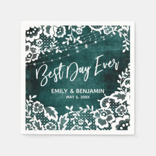 Lights & Lace Rustic Teal Best Day Ever Typography Napkin