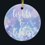 Lights & Latkes - Blue Sparkles Happy Hanukkah Ceramic Ornament<br><div class="desc">NewParkLane - Glamourous Hanukkah Ornament,  with blue sparkling,  glittering lights and fun quote 'lights & latkes' in a script typography. 

This design is also available on cards and postcards.</div>