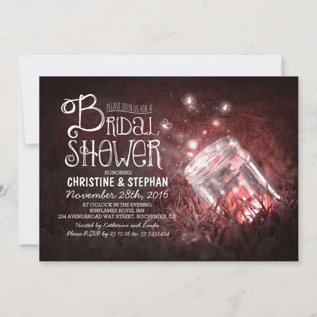 Lights mason jar & fireflies bridal shower invites (Front)