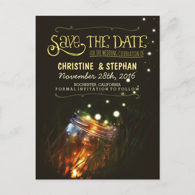 lights mason jar rustic romantic save the date announcement postcard (Front)
