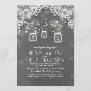 Lights Mason Jars Elegant Lace Rustic Wedding Invitation