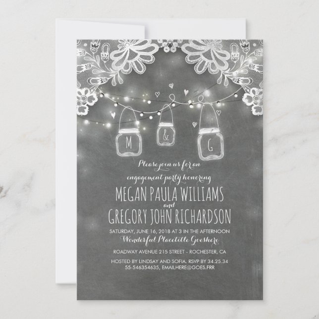 Lights Mason Jars Lace Rustic Engagement Party Invitation (Front)
