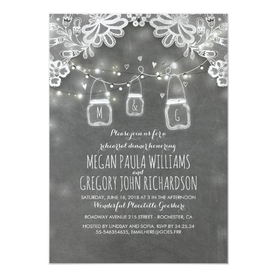 Lights Mason Jars Lace Rustic Rehearsal Dinner Card