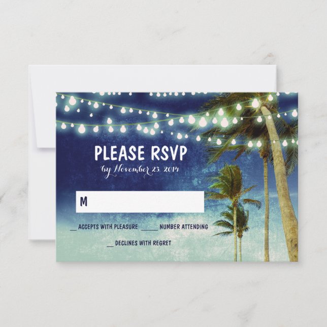 lights & palm trees beach blue wedding RSVP cards (Front)