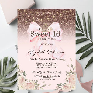 Lights, Pink Bow Flowers Glitter Sweet 16 Invitation