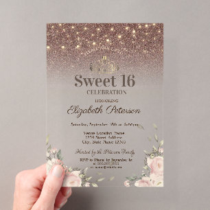  Lights, Pink Flowers Glitter Sweet 16 Acrylic Invitations