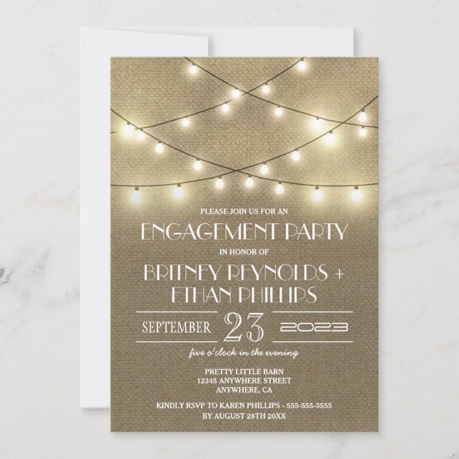 Lights+ Rustic Burlap Engagement Party Invitations (Front)
