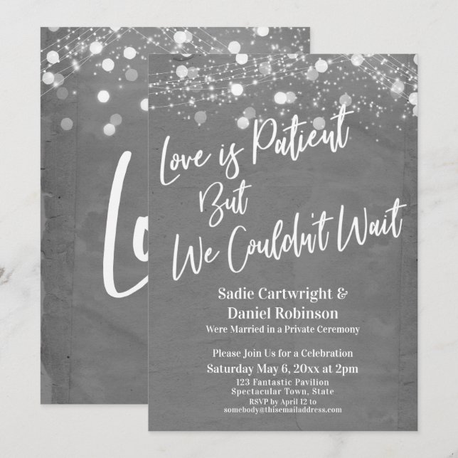 Lights Textured Love is Patient Grey Reception Invitation (Front/Back)