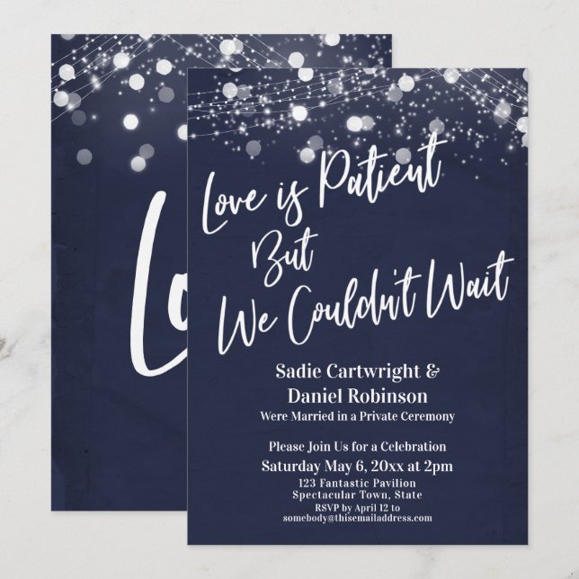 Lights Textured Love is Patient Navy Reception Invitation (Front/Back)