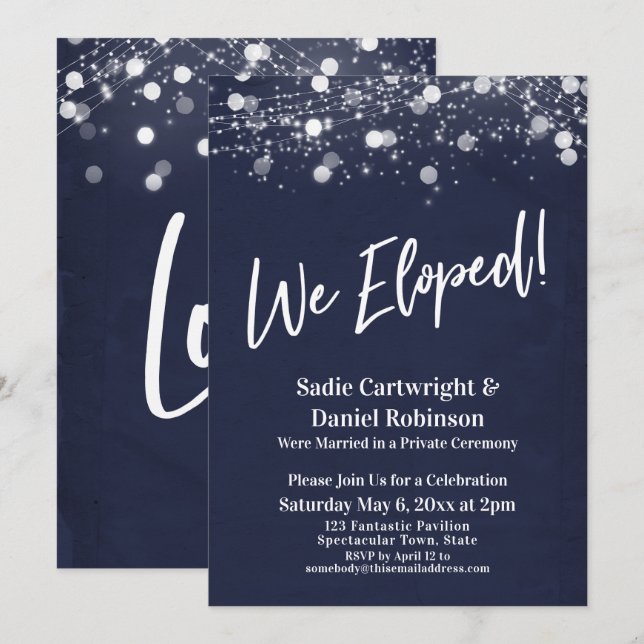 Lights Textured We Eloped Navy Reception-Only Invitation (Front/Back)