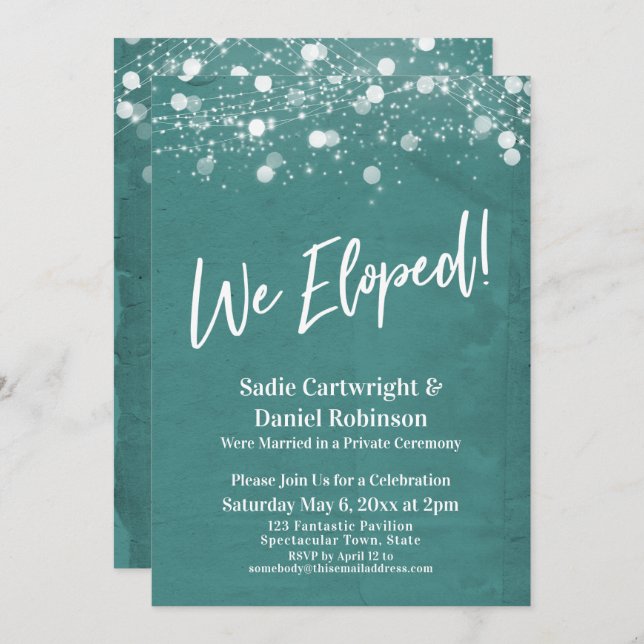 Lights Textured We Eloped Teal Reception-Only Invitation (Front/Back)