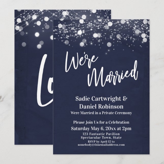 Lights Textured We're Married Navy Reception-Only Invitation (Front/Back)