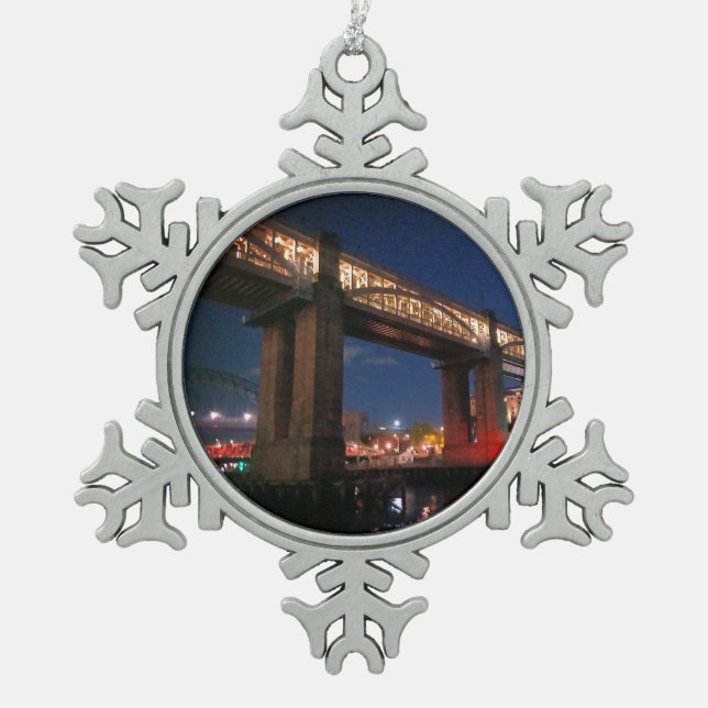 Lights under the bridge snowflake pewter christmas ornament (Front)