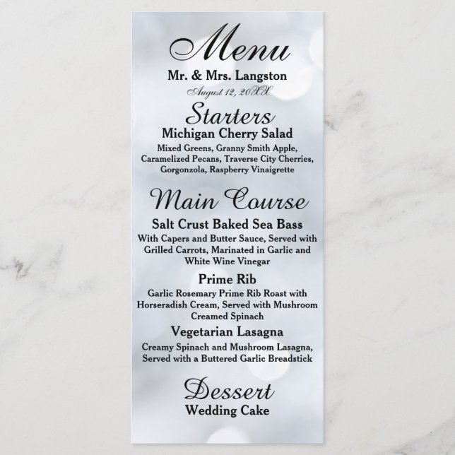 Lights White Silver Sparkle Glitter Reception Menu (Front)