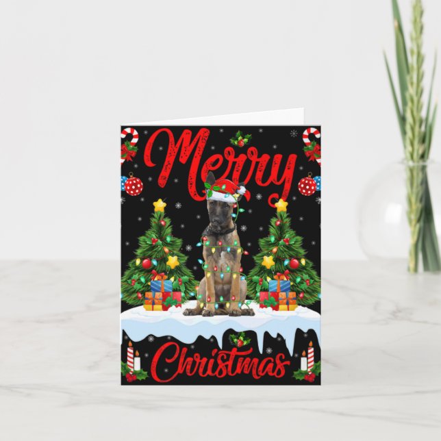 Lights Xmas Tree Santa Belgian Malinois Dog Christ Card (Front)