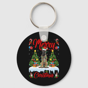 Lights Xmas Tree Santa Belgian Malinois Dog Christ Keychain