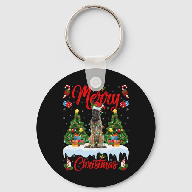 Lights Xmas Tree Santa Belgian Malinois Dog Christ Keychain (Front)