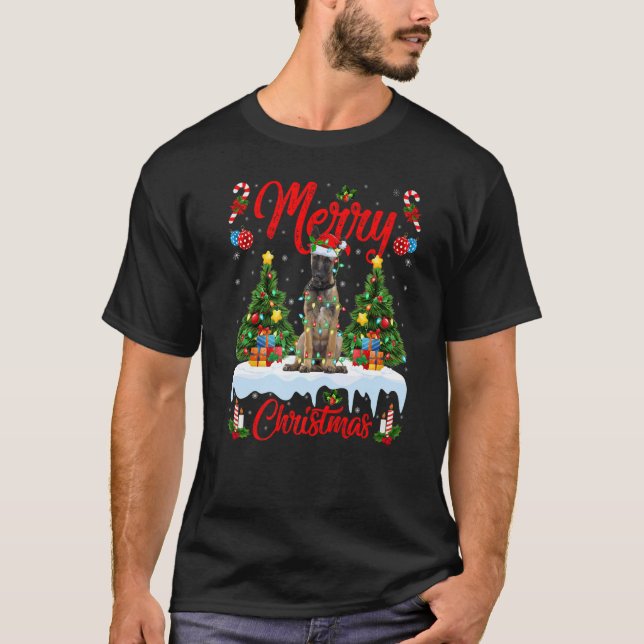 Lights Xmas Tree Santa Belgian Malinois Dog Christ T-Shirt (Front)