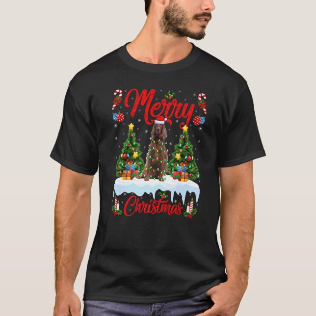 Lights Xmas Tree Santa Irish Setter Dog Christmas T-Shirt (Front)