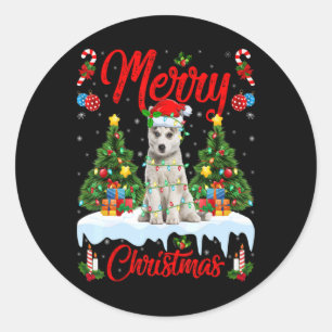 Lights Xmas Tree Santa Siberian Husky Dog Christma Classic Round Sticker