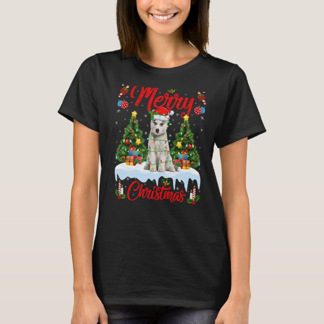 Lights Xmas Tree Santa Siberian Husky Dog Christma T-Shirt (Front)