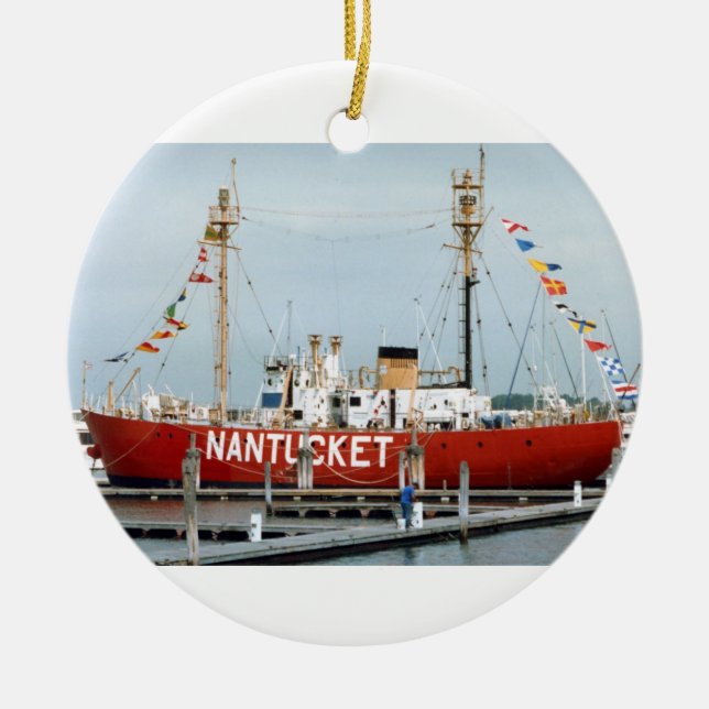 Lightship Nantucket with Glorious Flags Ceramic Ornament (Front)