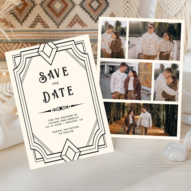Ligne Art Déco Carte de Mariage Noir Crème Save th (Créateur téléchargé)