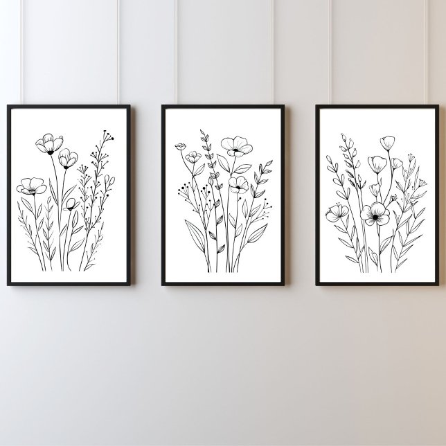 Ligne blanche noire Flore dessinée Ensemble de 3 W (Black White Line Drawn Florals Wall Art, Set of three prints)