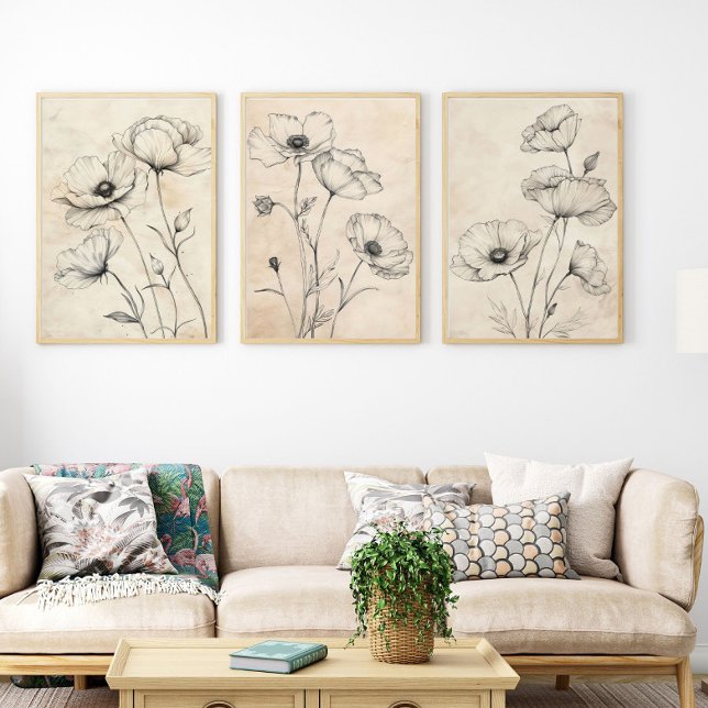 Ligne Tirée Fleur sauvage noir sur Sepia beige Ton (Line drawn black on beige wildflowers, set of 2 or 3 poster prints.)