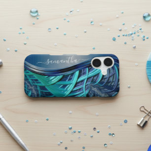 Lignes fractales bleues Monogramme manuscrit métal