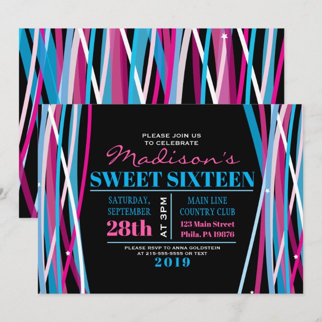 LIGNES SIMPLES Sweet sixteen 16 Invitation (Devant / Derrière)