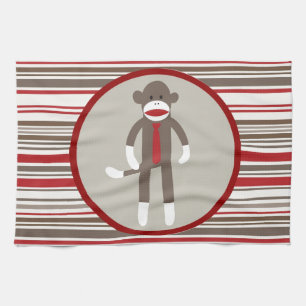 Like a Boss Sock Monkey with Tie on Red Stripes Kitchen Towel