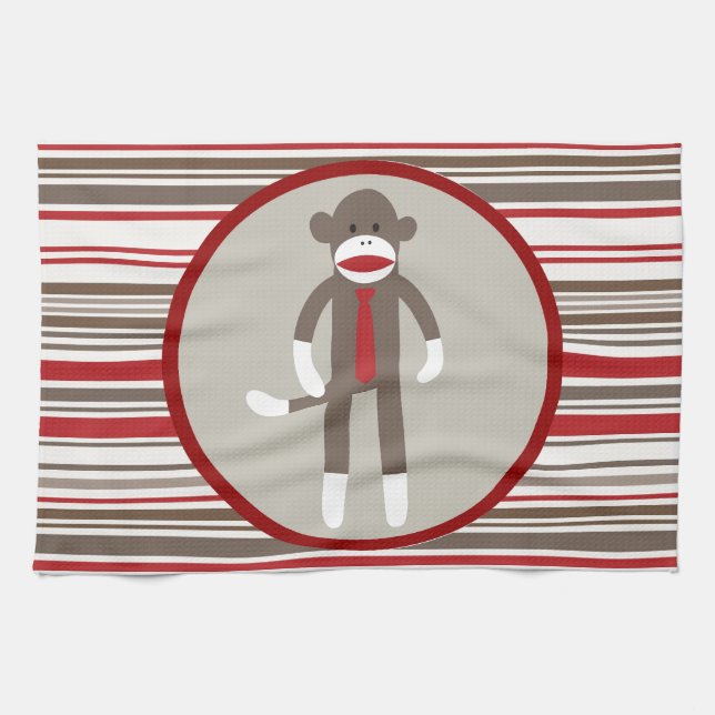 Like a Boss Sock Monkey with Tie on Red Stripes Kitchen Towel (Horizontal)
